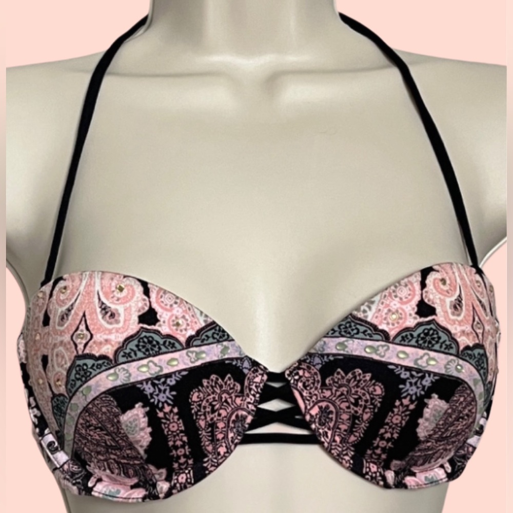 Victoria’s Secret Beach Bandeau Push Up Bikini Top | 32C | Pink & Black Paisley